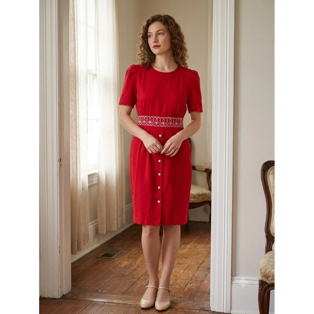 80's‎ Vintage Sweetbriar Petite Red Embroidered Waist Pearl Button Dress 14P USA
